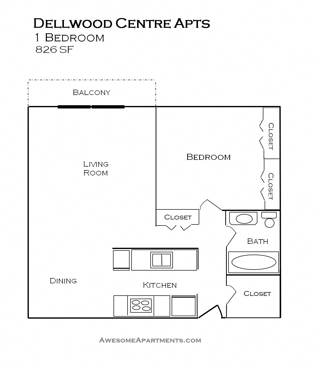 Floor plan for 1 bed, 1 bath